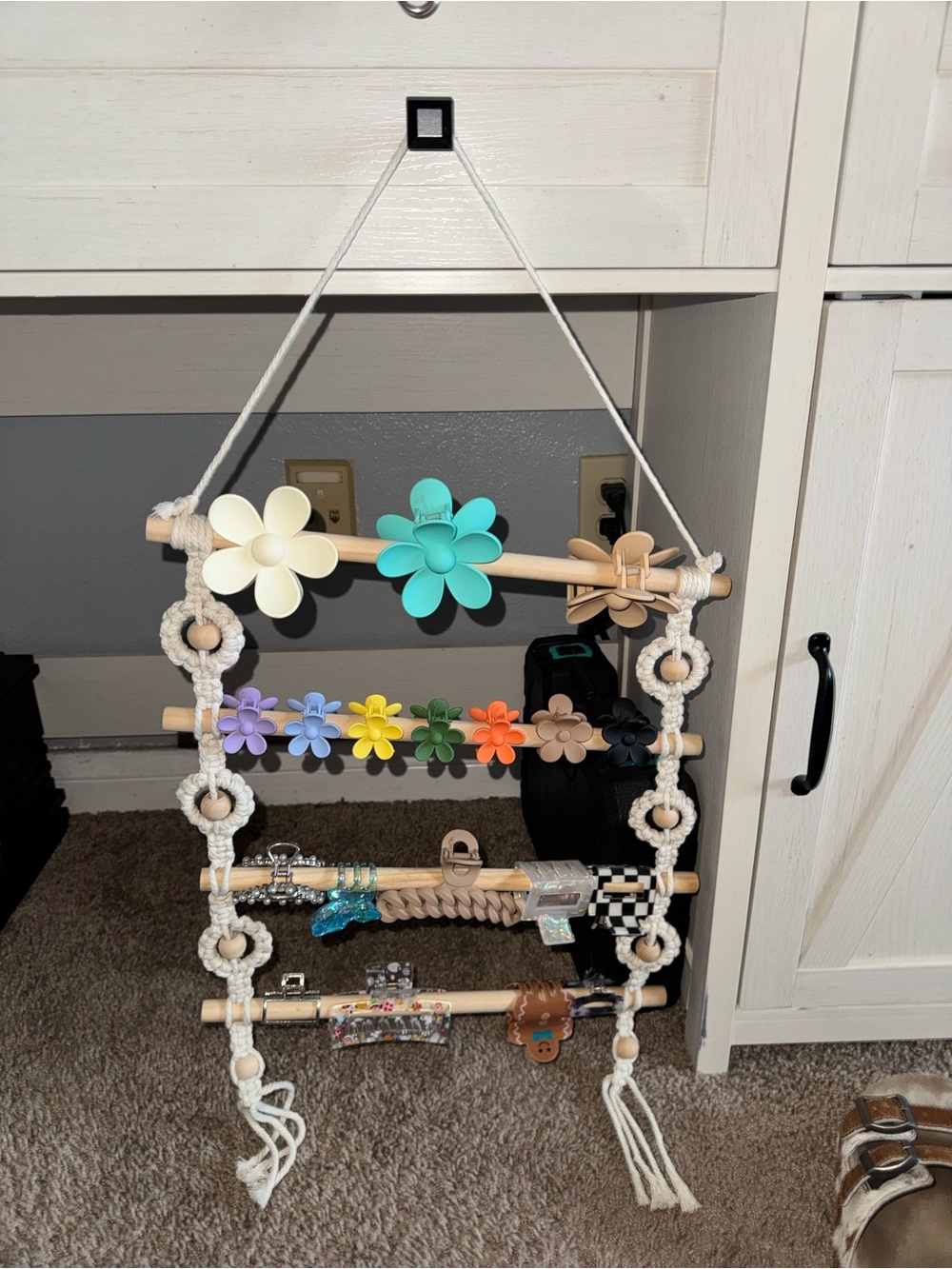 Boho Macramé Hair Clip & Accessory Organizer with a variety of claw clips